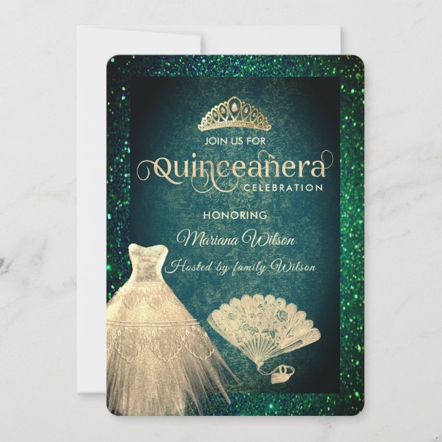 Green Gold Glitzer Kleid tiara Fan Quinceañera Einladung (Vorderseite)
