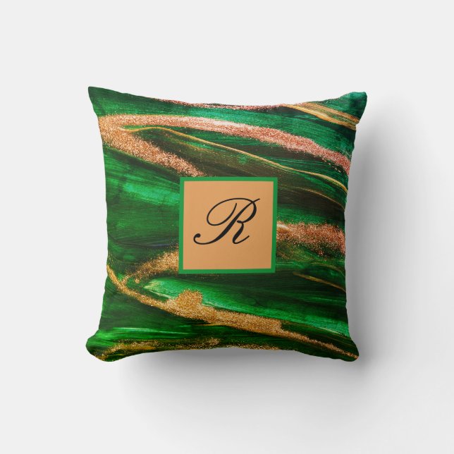 Green Gold Glitzer Marmor Abstrakt Modern Monogram Kissen (Vorderseite)