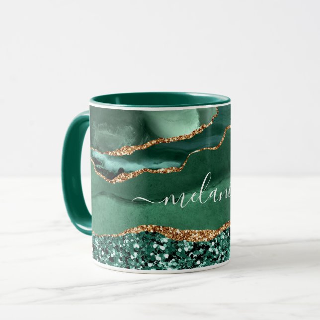 Green-Gold-Glitzer-Marmor-Tasse mit Individuelle N Tasse (Vorderseite Links)
