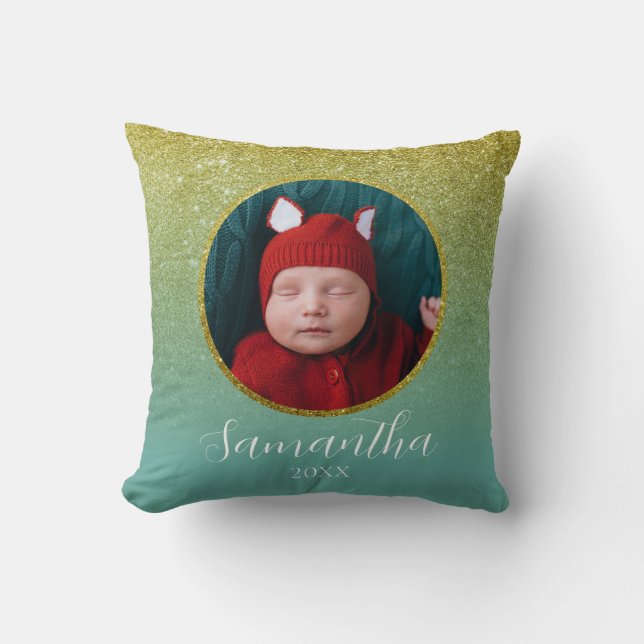 Green Gold Glitzer Weihnachten Personalisiertes Fo Kissen (Vorderseite)