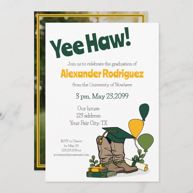 Green/Gold Graduation Cap Cowboy Boot Arrangement Einladung (Vorne/Hinten)