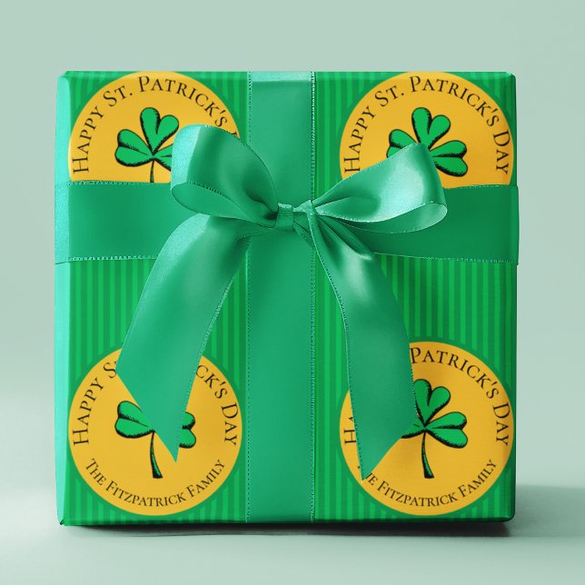 Green & Gold Happy St Patrick's Day Green Striping Geschenkpapier (Green and Gold Happy St. Patrick's Day Green Stripes with Good Luck Green Clover and Editable Text.)