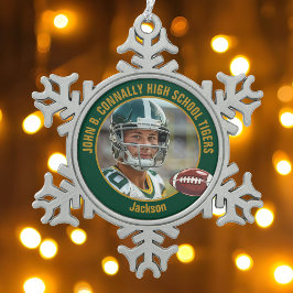 Green Gold High School Football Player Photo Schneeflocken Zinn-Ornament