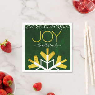 Green Gold Holiday Snowflake Joy Modern Typography Serviette