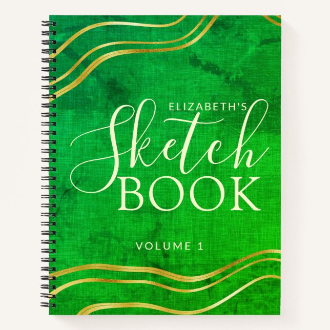 Green Gold Individuelle Name Modern Sketchbook Notizbuch (Vorderseite)