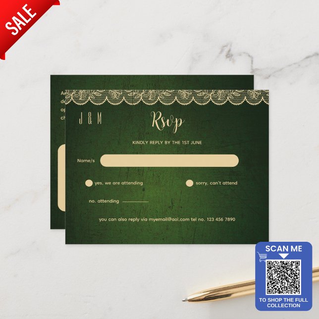 Green Gold Lace Hochzeit RSVP für Match Inv Postkarte (Von Creator hochgeladen)