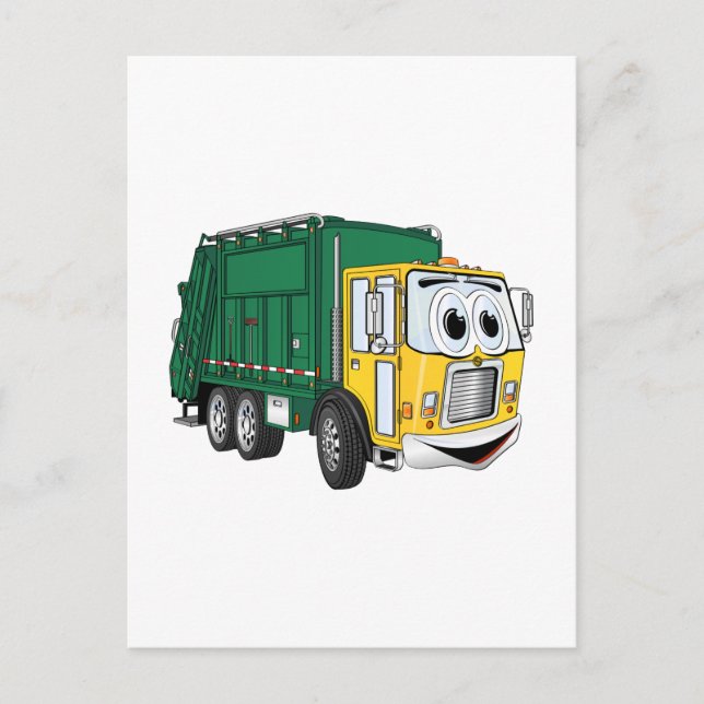 Green Gold Lächelnder Garbage Truck Cartoon Postkarte (Vorderseite)