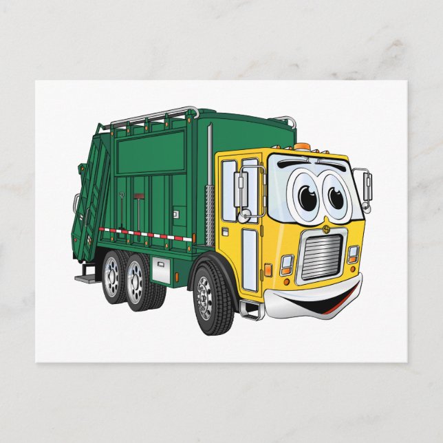 Green Gold Lächelnder Garbage Truck Cartoon Postkarte (Vorderseite)