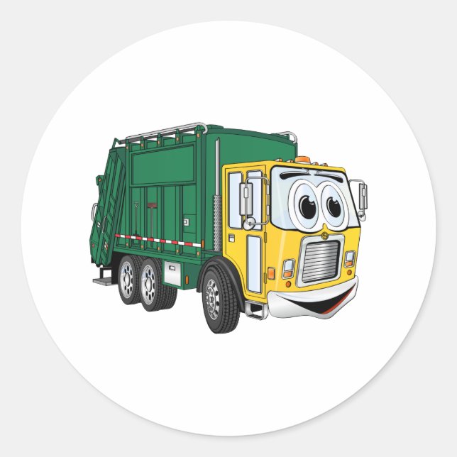Green Gold Lächelnder Garbage Truck Cartoon Runder Aufkleber (Vorderseite)