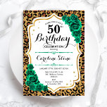 Green Gold Leopard Print 50. Geburtstag Einladung<br><div class="desc">50. Geburtstagsfeier Einladung. Elegantes florales smaragdgrünes Design mit Imitaten Glitzer Gold und Rose. Features Leopard Gepard-Tier Druck und Skript-Schriftart. Ideal für eine stilvolle Damenfeier. Kann für jedes Alter angepasst werden! Gedruckte Zazzle Einladungen oder Sofortdownload digitalen druckbaren Vorlage.</div>