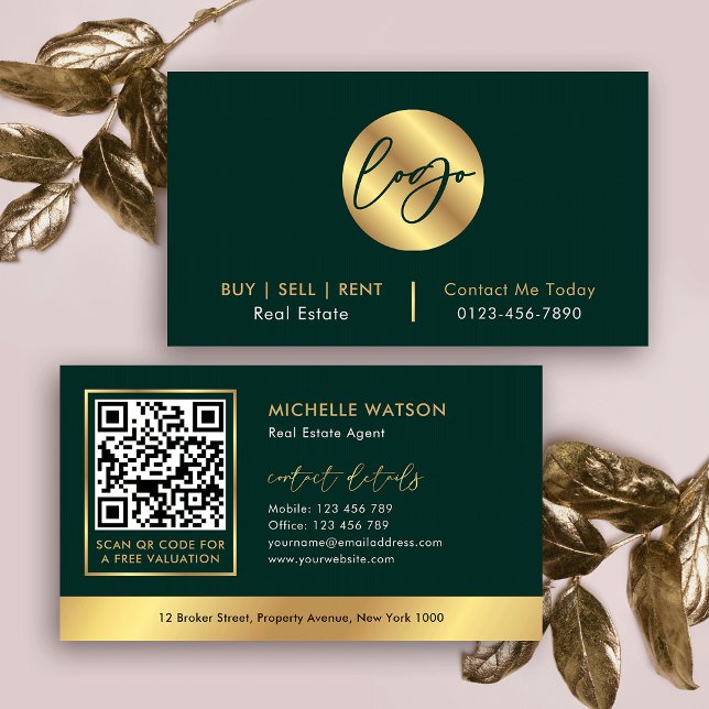 Green & Gold-Logo Modern Real Anwesen QR-Code Visitenkarte (Professional QR code business cards in emerald green and gold, perfect for real estate agents)
