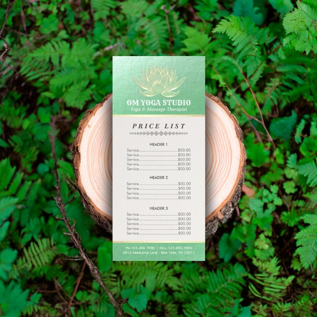 Green Gold Lotus YOGA Reiki Instructor Price List Werbekarte (Von Creator hochgeladen)