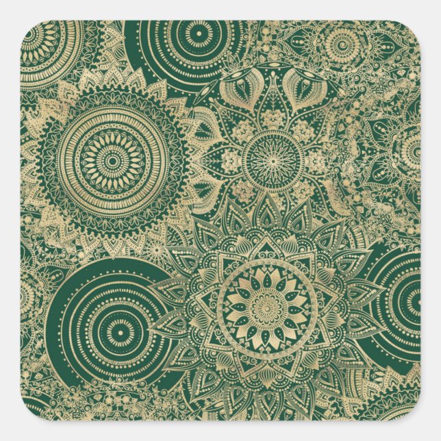 Green Gold Mandala Collection Quadratischer Aufkleber (Vorderseite)
