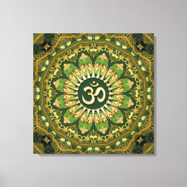 Green Gold Mandala Om Shanti Geometrie Meditation Leinwanddruck (Vorderseite)