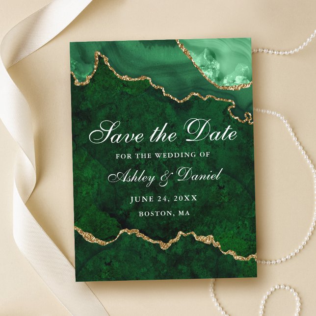 Green Gold Marble Agate Geode Save the Date Announ Ankündigungspostkarte (Customize to change text size or text style.)