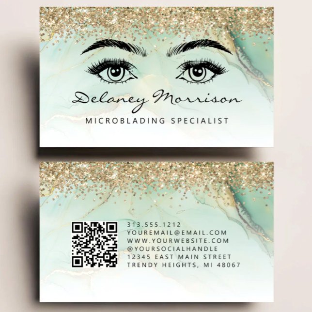 Green Gold Marble Eyes QR Code Microblading Visitenkarte (Von Creator hochgeladen)