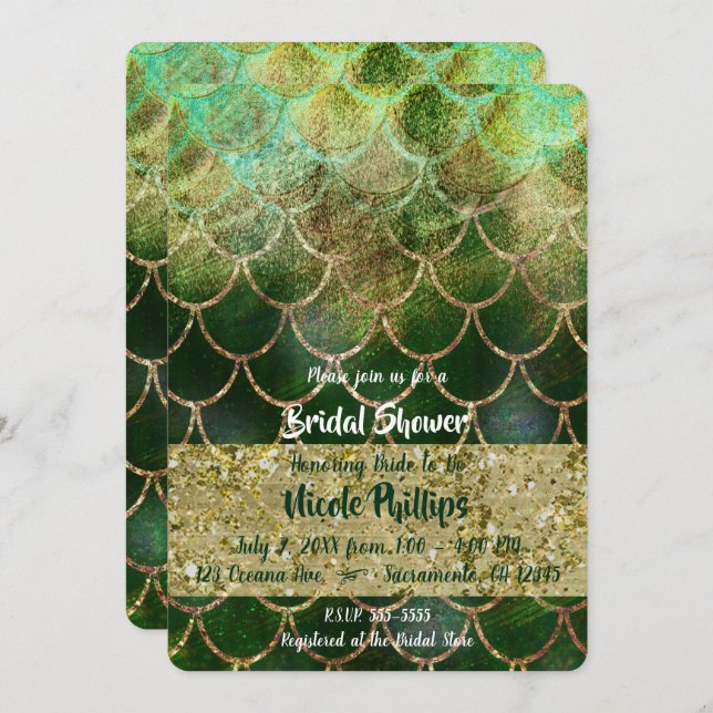 Green & Gold Mermaid Scales Glam Brautparty Einladung (Vorne/Hinten)