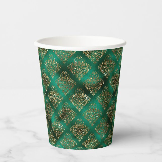 Green Gold Metallic Damask Elegant Pappbecher (Vorderseite)