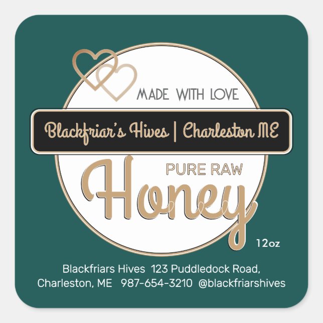 Green Gold Modern Script Honey aus Liebe Quadratischer Aufkleber (Vorderseite)