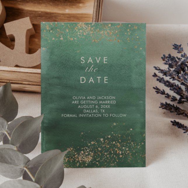 Green & Gold Modern Watercolor Save the Date Einladung (Von Creator hochgeladen)