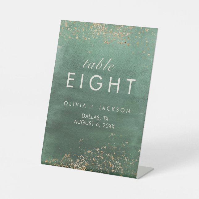 Green & Gold Modern Watercolor-Tischnummer Sockelschild (Vorderseite)