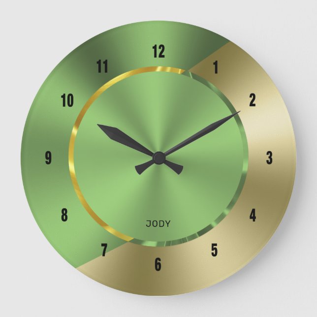Green & Gold Modernes geometrisches Design Große Wanduhr (Vorderseite)