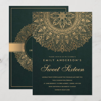 GREEN GOLD ORNATE MANDALA SWEET SIXTEEN BIRTHDAY EINLADUNG