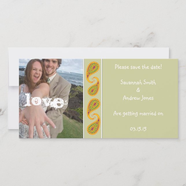 Green & Gold Paisley Save the Date Ihr Foto (Vorderseite)