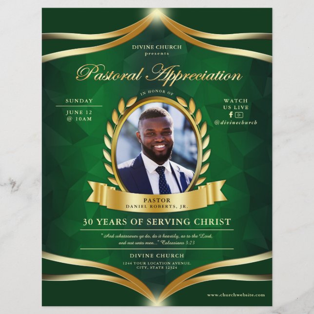 Green Gold Pastoral Appreciation Kirche Service Flyer (Vorne)