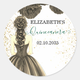 Green & Gold Quinceañera Custom Round Sticker