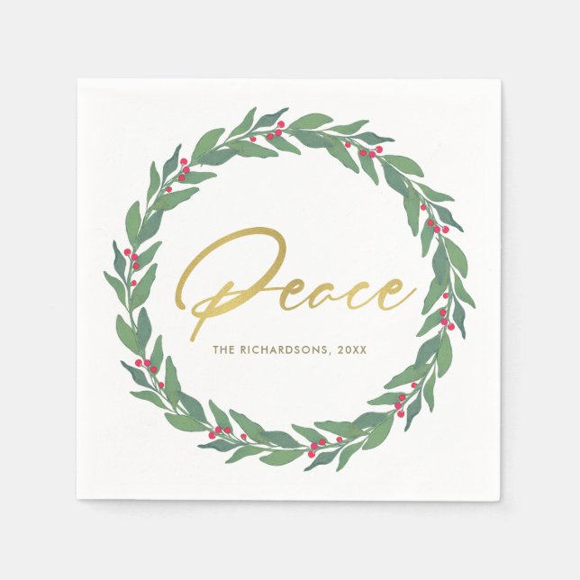 GREEN GOLD RED BERRIES WREATH CHRISTMAS PEACE SERVIETTE (Vorderseite)