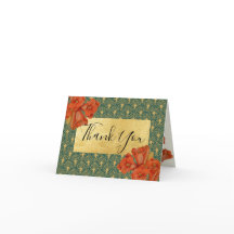 Green & Gold Red Floral Art Deco Thank You Cards