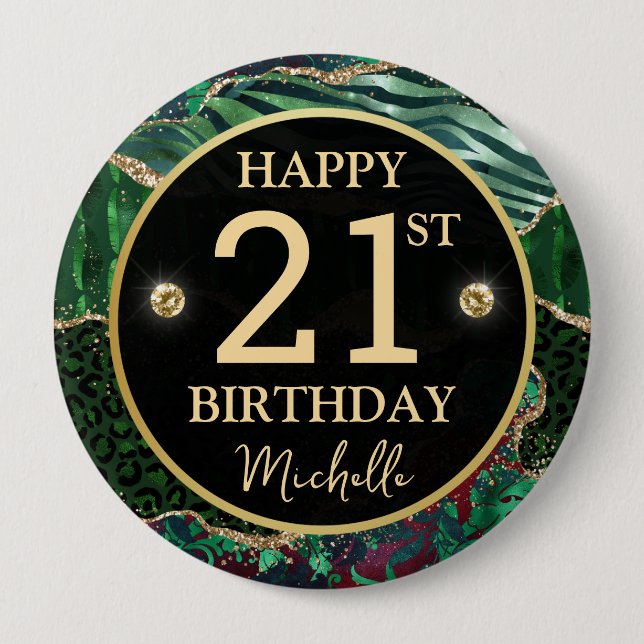 Green Gold Safari Agate Birthday Badge Button (Vorderseite)