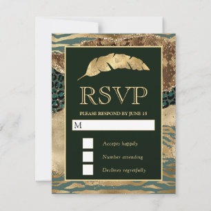Green & Gold Safari Animal Glitzer Agate Wedding RSVP Karte