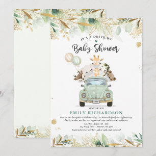 Green Gold Safari Animals Drive by Baby Shower Einladung