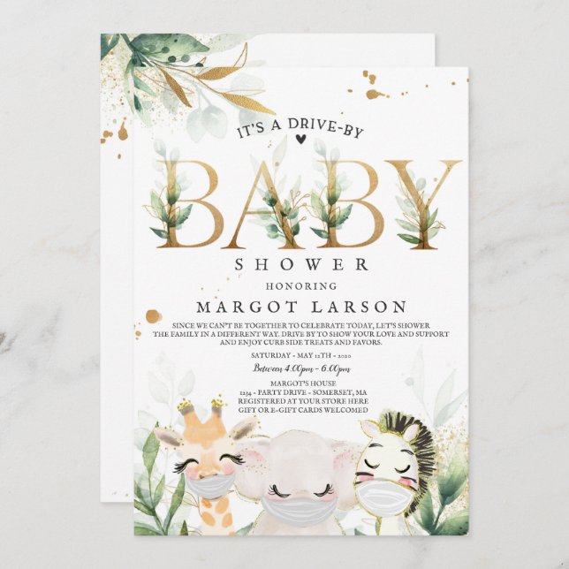 Green Gold Safari Animals Drive by Baby Shower Einladung (Vorne/Hinten)