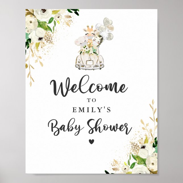 Green Gold Safari Animals Drive by Baby Shower Poster (Vorne)