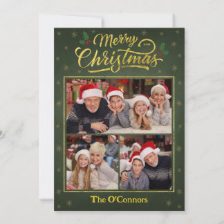 Green & Gold Script Merry Christmas Collage Card Feiertagskarte