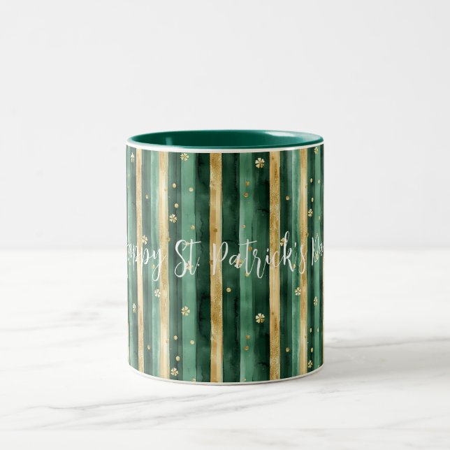 Green Gold Shamrock St. Patrick's Day Stripes Zweifarbige Tasse (Mittel)