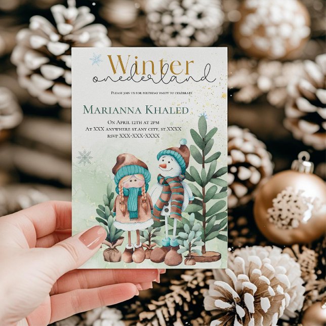 Green gold Snow Girl Snowman Weihnachten Geburtsta Einladung (Von Creator hochgeladen)