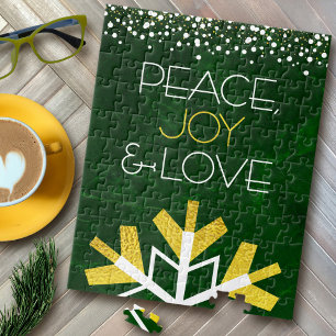 Green Gold Snowflake Peace Joy Liebe Zitat Modern Puzzle