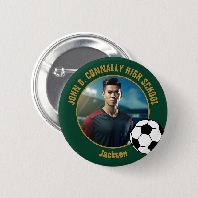 Green Gold Soccer Player Photo High School Button (Vorne & Hinten)