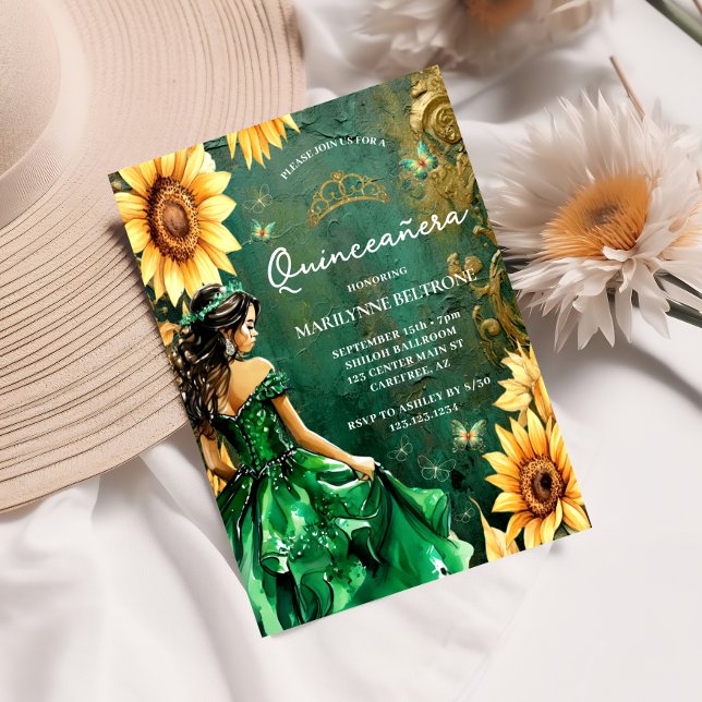 Green Gold Sonnenblume Prinzessin Quinceañera Einladung (Von Creator hochgeladen)