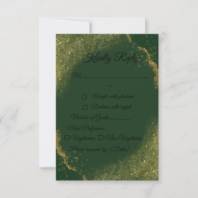Green & Gold Spark Wedding RSVP Card Karte (Vorderseite)