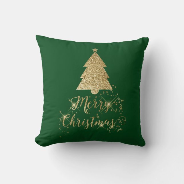 Green Gold Sparkle Frohe Weihnachtsbaum Kissen (Vorderseite)