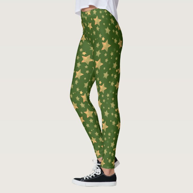 Green & Gold Star Muster Weihnachten Leggings (Links)