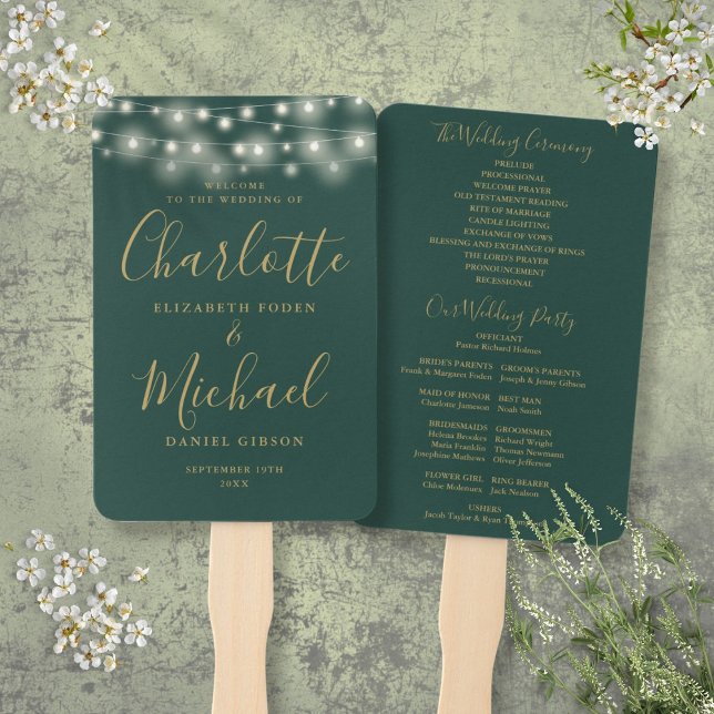 Green Gold String Lights Script Wedding Program Fächer (Green Gold String Lights Script Wedding Program Hand Fan)