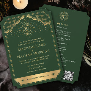 Green Gold Sun Moon Tarot Hochzeit QR Code Einladung