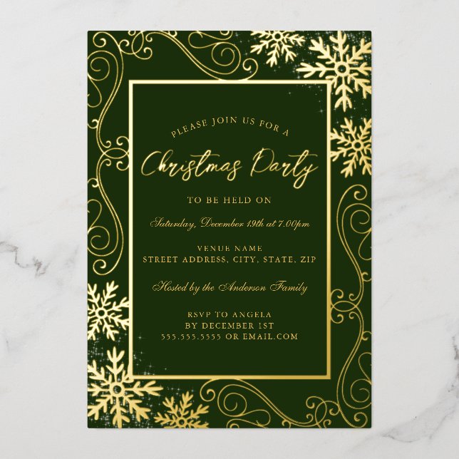 Green Gold Swirl Snowflake Rahmen Weihnachtsweihna Folieneinladung (Vorderseite)
