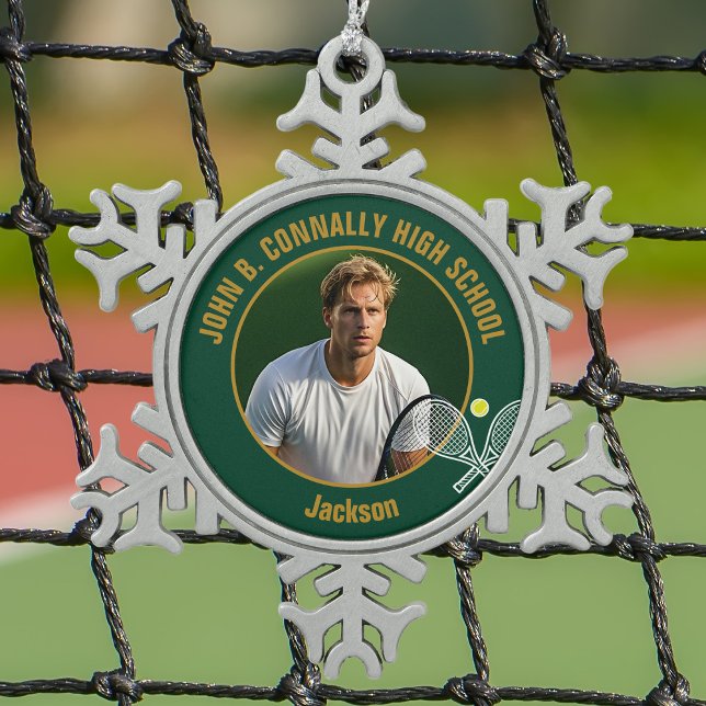 Green Gold Tennis Player Photo High School Schneeflocken Zinn-Ornament (Von Creator hochgeladen)